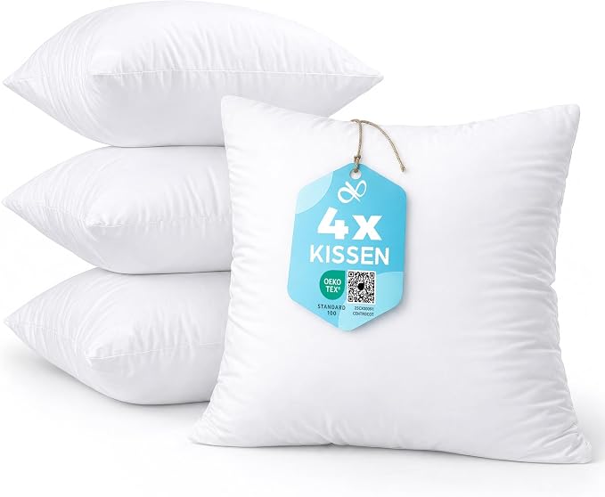 Flowen Cushion 40 x 40 cm Pillow Set of 4 for Sofa and Bed Inner Cushion Hypoallergenic Anti-Dust Mite Cushion Filling with Soft Quilted Cushion Cover 100% Polyester for Home/Hotel