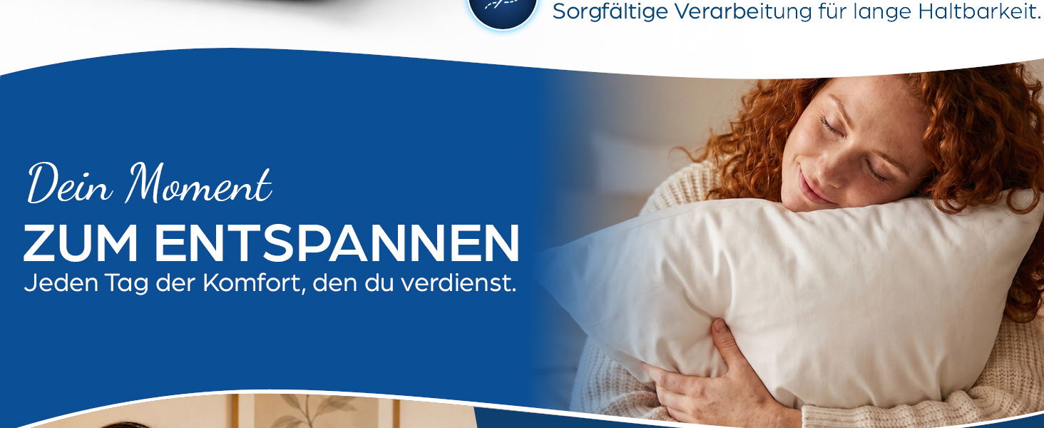 Der Text lautet &bdquo;Dein Moment ZUM ENTSPANNEN&ldquo; und &bdquo;Schlaf lang der Nacht, dein Wechsel&ldquo;. Frau, die auf einem wei&szlig;en Kissen ruht, abgebildet auf einem Werbebild mit blauem Bettzeug.