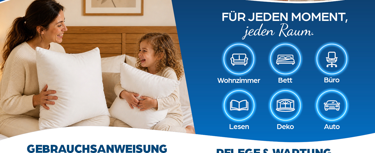 Der Text lautet 'F&Uuml;R JEDEN MOMENT, jeden Raum' und 'GEBRAUCHSANWEISUNG'. Das Bild zeigt Frau und Kind auf dem Bett mit einem blauen Banner mit neun kreisf&ouml;rmigen Symbolen, die verschiedene Merkmale/Funktionen darstellen.